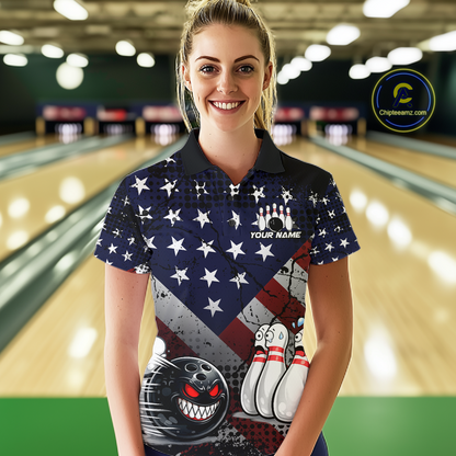 Custom American Flag Funny Bowling Team Shirt for Women Polo & Quarter-Zip Bowling Jersey Blue Red White QZT928