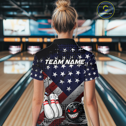 Custom American Flag Funny Bowling Team Shirt for Women Polo & Quarter-Zip Bowling Jersey Blue Red White QZT928