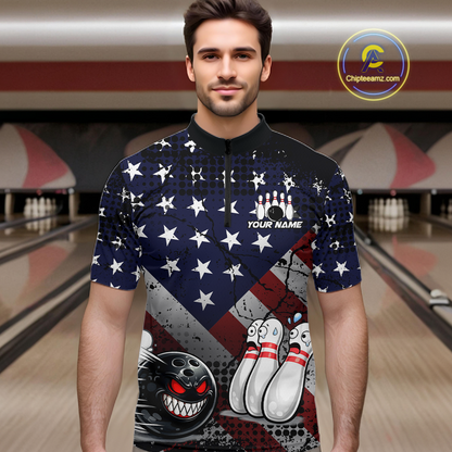 Custom American Flag Funny Bowling Team Shirt for Men Polo & Quarter-Zip Bowling Jersey Blue Red White QZT928