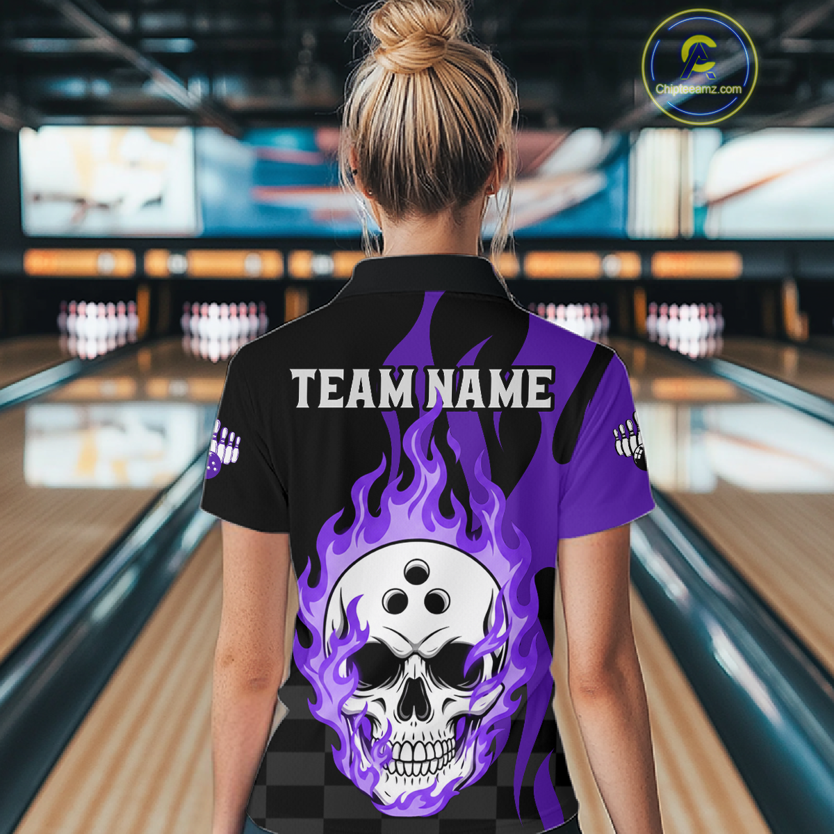 Purple Flame Skull Bowling Shirt Bowling Team Jersey for Women Polo & 1/4-Zip QZT931
