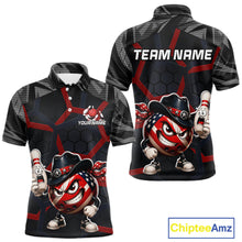 Load image into Gallery viewer, Bowling-themed shirt with cartoon bowling balls and a team name placeholder on a white background.