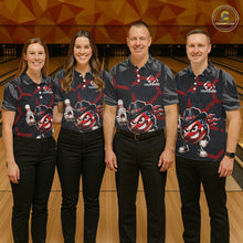 Load image into Gallery viewer, Four people wearing matching bowling shirts in a bowling alley.