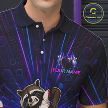 Load image into Gallery viewer, Neon-themed polo shirt with raccoon graphic and customizable text on a dark background