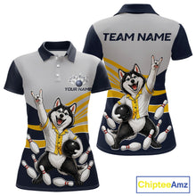 Load image into Gallery viewer, Polo shirt with husky bowling design on front and back, customizable text, and Chiptee Amz branding.