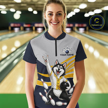 Load image into Gallery viewer, Person wearing a bowling shirt with a dog graphic in a bowling alley