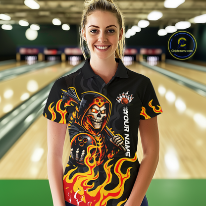 Custom Orange Flame Skull Bowling Shirt for Women Bowling Jersey League Bowling Gifts QZT842