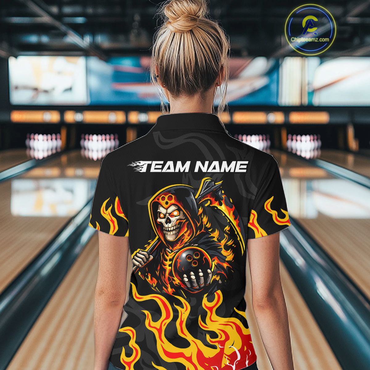 Custom Orange Flame Skull Bowling Shirt for Women Bowling Jersey League Bowling Gifts QZT842