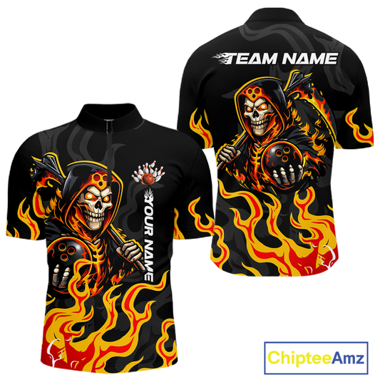 Custom Orange Flame Skull Bowling Shirt for Men Bowling Jersey League Bowling Gifts QZT842