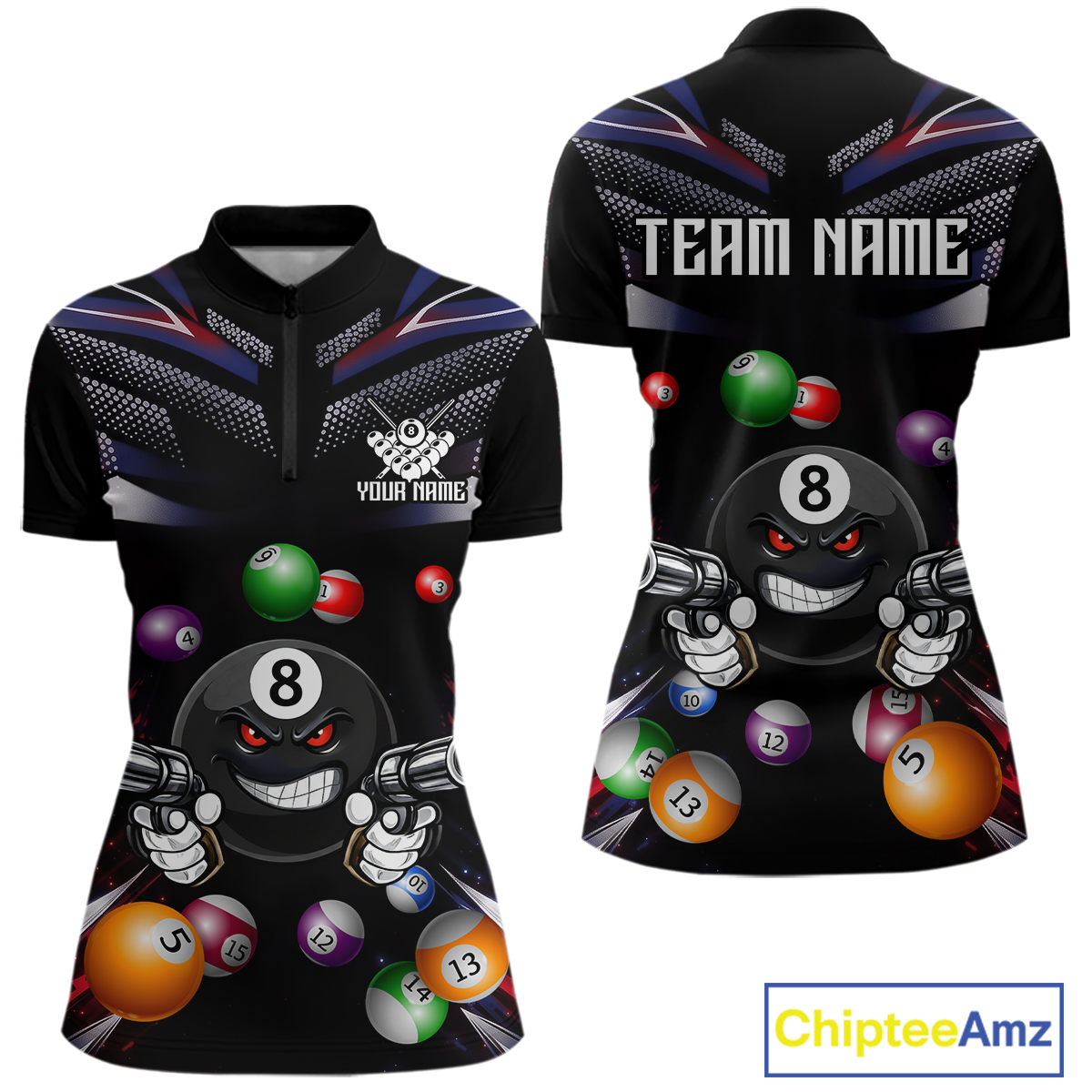 Custom Funny American Flag 8 Ball Pool Shirt for Women Billiard Jersey Polo & 1/4 Zip Billiard Shirt BHT16