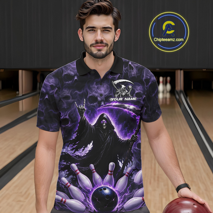Custom Grim Reaper Bowling Shirt for Men Skull Pattern Bowling Jersey Polo &1/4 Zip QZT978