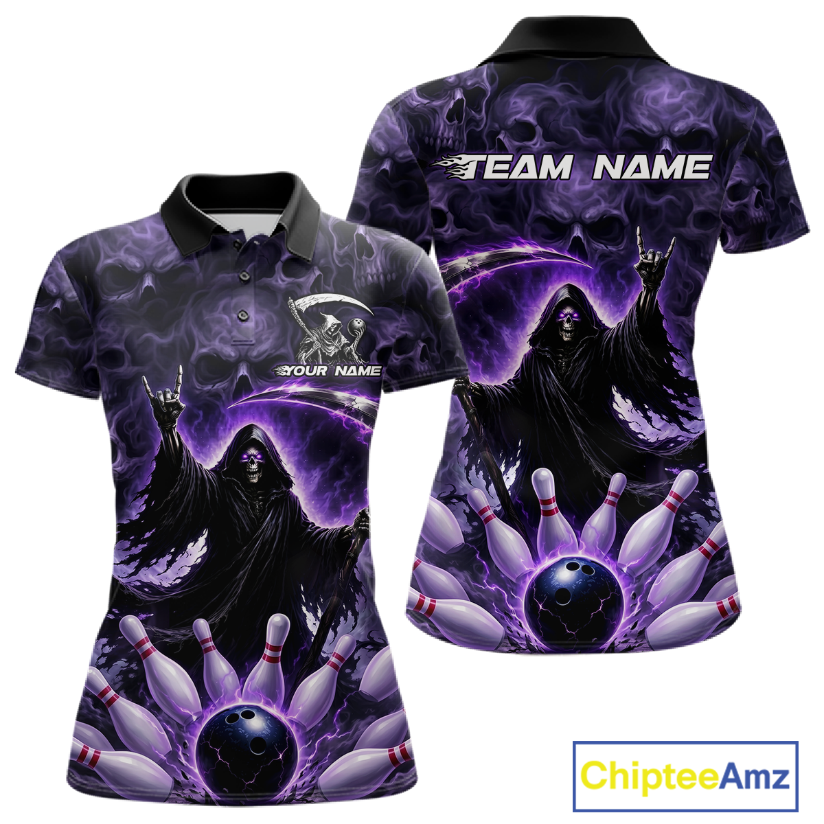Custom Grim Reaper Bowling Shirt for Women Skull Pattern Bowling Jersey Polo &1/4 Zip QZT978