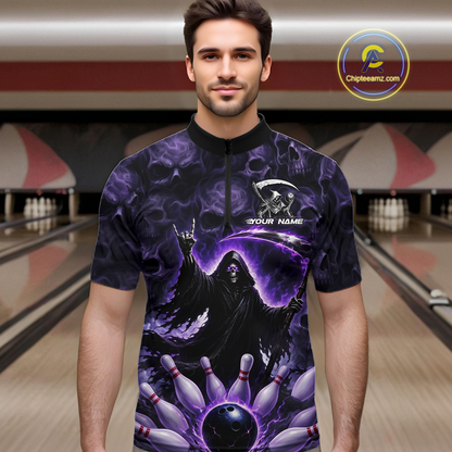 Custom Grim Reaper Bowling Shirt for Men Skull Pattern Bowling Jersey Polo &1/4 Zip QZT978