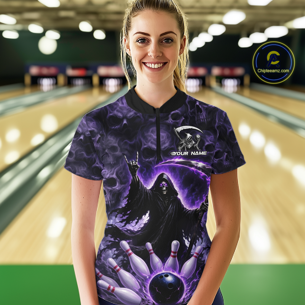 Custom Grim Reaper Bowling Shirt for Women Skull Pattern Bowling Jersey Polo &1/4 Zip QZT978