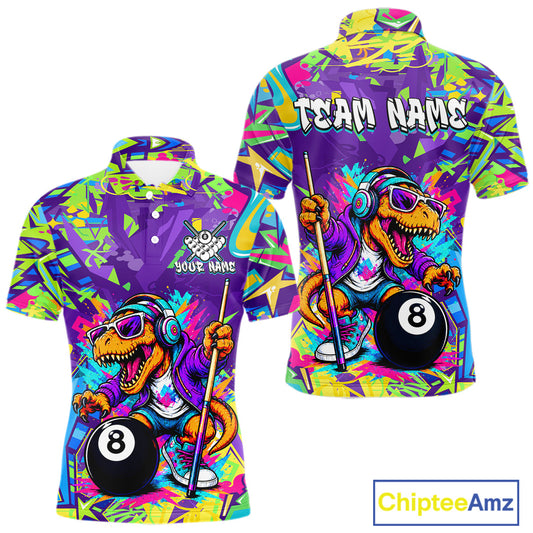 Colorful polo with a dinosaur design playing pool, featuring 'Team Name' text on a white background.