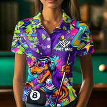 Load image into Gallery viewer, Person wearing a colorful polo shirt with a dinosaur holding a pool cue and billiard ball design.