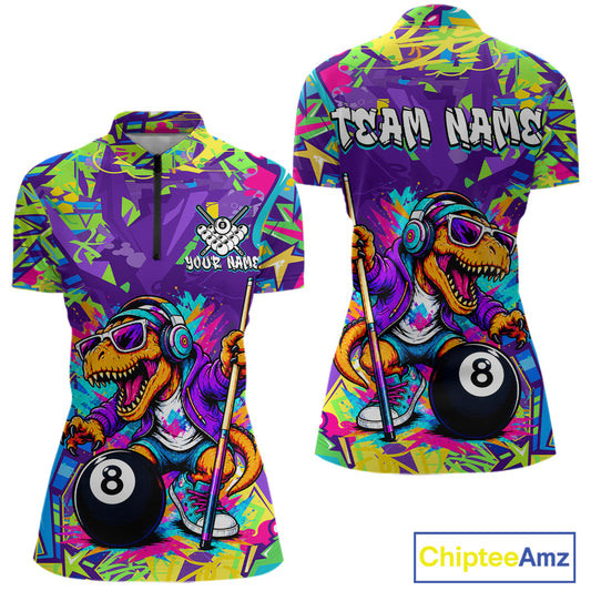 Colorful quarter-zip with a dinosaur and pool ball design, featuring 'Team Name' text on a white background.