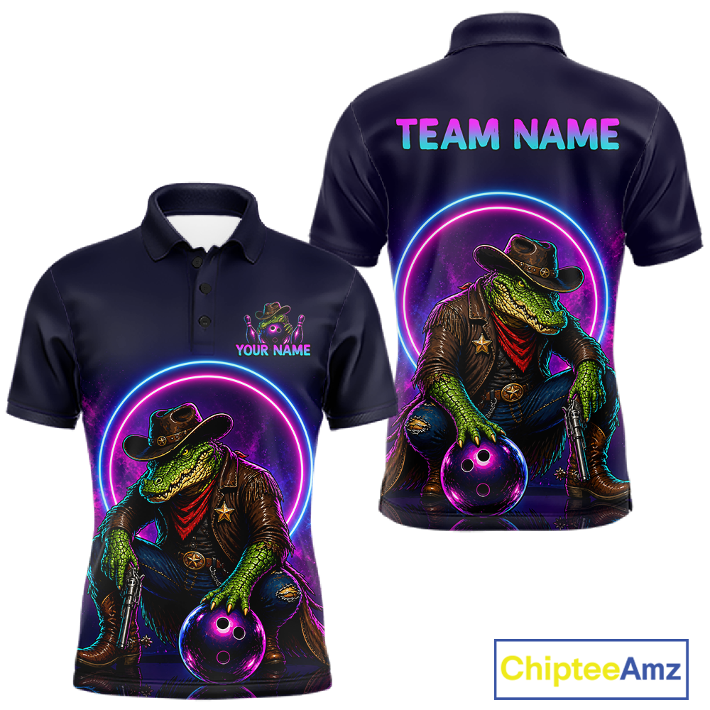Custom Neon Cowboy Alliagator Bowling Shirt for Men Bowling Team Jersey Polo & Quarter-Zip Bowling Outfit QZT1013