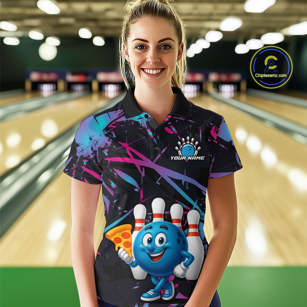 Custom Blue & Pink Funny Bowling with Food for Women Bowling Shirt Polo & 1/4 Zip QZT797