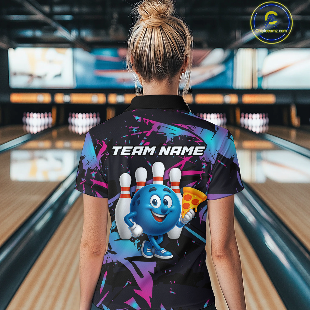 Custom Blue & Pink Funny Bowling with Food for Women Bowling Shirt Polo & 1/4 Zip QZT797