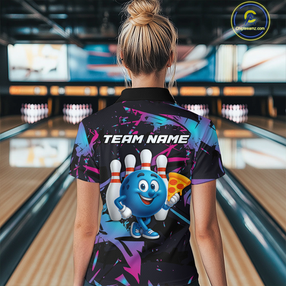 Custom Blue & Pink Funny Bowling with Food for Women Bowling Shirt Polo & 1/4 Zip QZT797