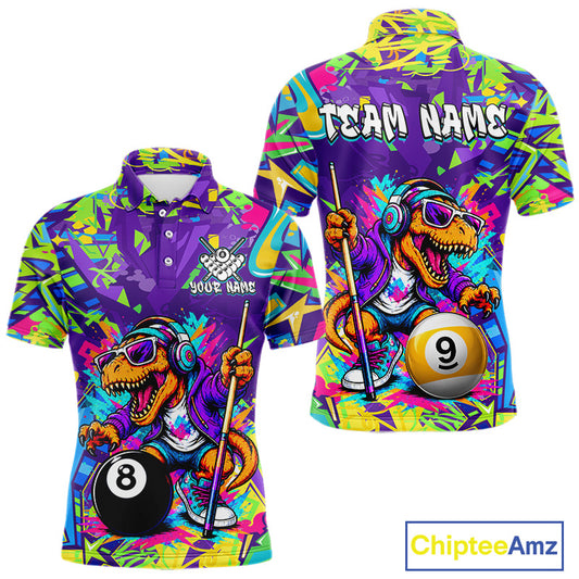 Graffiti polo shirt with a dinosaur design and billiard ball theme, featuring 'Team Name' text on the back.
