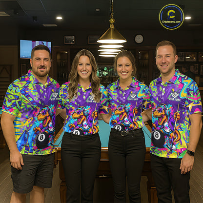 Four people wearing graffiti dinosaur shirts with dinosaur and pool ball designs in a pool hall.