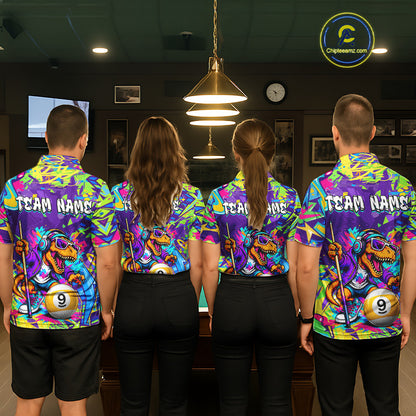 Four people wearing graffiti dinosaur shirts with a team name on the back in a bowling alley.