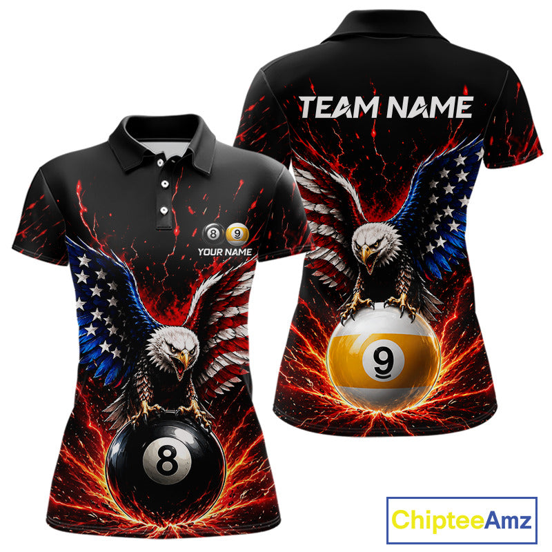 front and back views of polo shirt with eagle design, number 8 and 9 billiard balls, and 'Team Name' text on a white background.