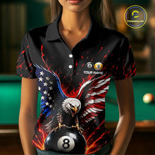 Load image into Gallery viewer, Person wearing a black polo shirt with an eagle and billiard ball design, featuring the American flag.