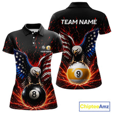 Load image into Gallery viewer, front and back views of polo shirt with eagle design, number 8 and 9 billiard balls, and 'Team Name' text on a white background.
