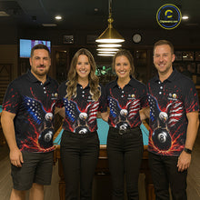 Load image into Gallery viewer, Four people wearing matching biliiard shirts with a design of an eagle, American flag, and 8 ball in a bar setting.