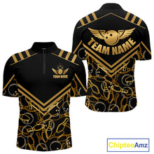 Load image into Gallery viewer, Front and back view custom black gold bowling quarter-zip shirt featuring a golden bowling ball with wings, bowling pins and geometric line design, personalized with team name and player name