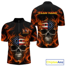 Load image into Gallery viewer, Two views of quarter-zip jersey with skull and American flag design, featuring flames on a white background.