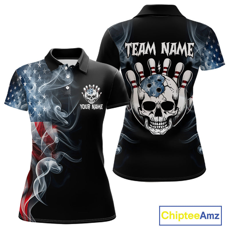 Custom American Flag Skull Bowling Team Jersey for Women Bowling Shirt Bowling Outfit QZT1191