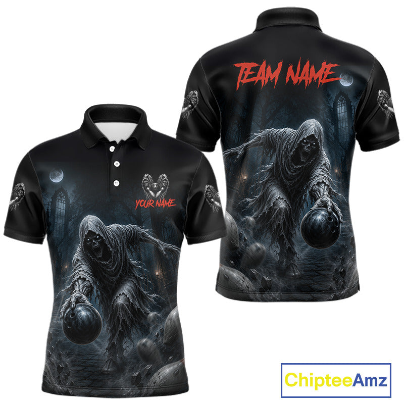 Front and back views of a black short-sleeve polo shirt featuring a dark gothic horror graphic of a hooded grim reaper holding a glowing orb. The front has a small chest graphic with placeholder text 'YOUR NAME', and the back has a large 'TEAM NAME' text across the shoulders.