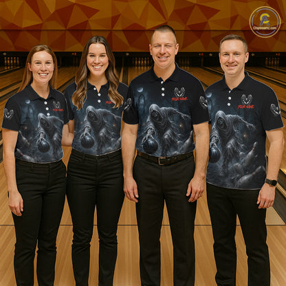 Four people standing together in a bowling alley wearing matching dark navy polo shirts with a large black-and-gray gorilla print and red 'Poncho' branding on the chest, paired with black pants.