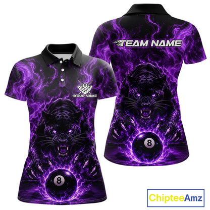 Custom short-sleeve polo shirt shown from the front and back, featuring a black panther graphic surrounded by vivid purple lightning effects, with a billiard 8-ball motif and customizable text areas.