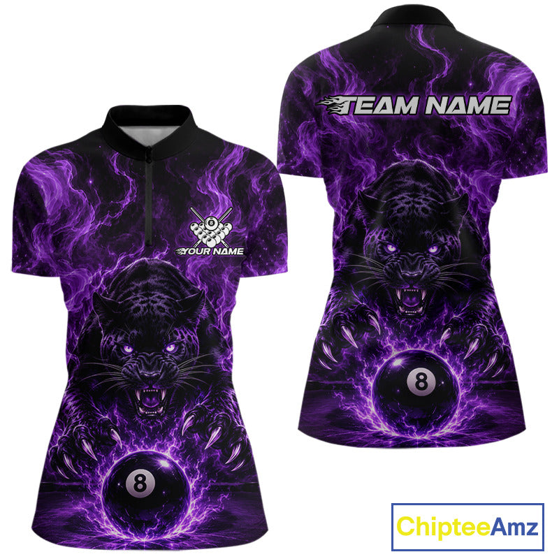 Front and back views of a women's short-sleeve polo shirt featuring a purple and black 3D-effect design of an angry black panther surrounded by a glowing 8-ball, with customizable text fields on the chest and back.