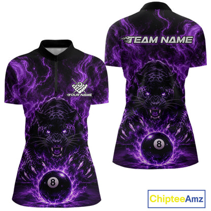 Front and back views of a women's short-sleeve polo shirt featuring a purple and black 3D-effect design of an angry black panther surrounded by a glowing 8-ball, with customizable text fields on the chest and back.