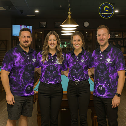 Four people standing in a bar or lounge setting wearing matching dark polo shirts with a vivid purple skull-and-balls graphic print. The shirts feature a black base with glowing purple lightning effects and a large central skull motif with a white ball at the bottom.
