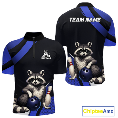 Custom Blue Ugly Raccoon Bowling Shirt for Men Bowling League Polo & Quarter-Zip Gift QZT853