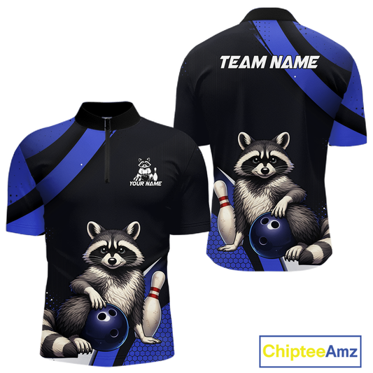 Custom Blue Ugly Raccoon Bowling Shirt for Men Bowling League Polo & Quarter-Zip Gift QZT853