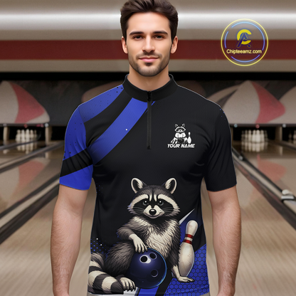 Custom Blue Ugly Raccoon Bowling Shirt for Men Bowling League Polo & Quarter-Zip Gift QZT853
