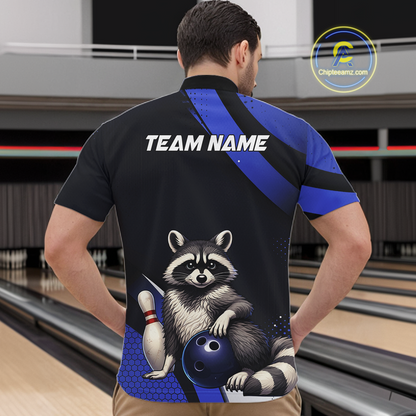 Custom Blue Ugly Raccoon Bowling Shirt for Men Bowling League Polo & Quarter-Zip Gift QZT853