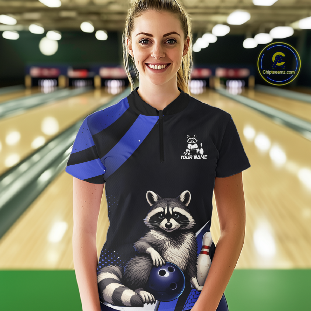 Custom Blue Ugly Raccoon Bowling Shirt for Women Bowling League Polo & Quarter-Zip Gift QZT853