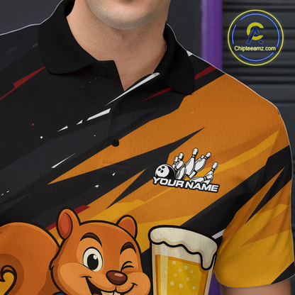Funny Squirrel and Beer Bowling Team Shirt for Men Custom Bowling League Jersey Bowling Outfit QZT813