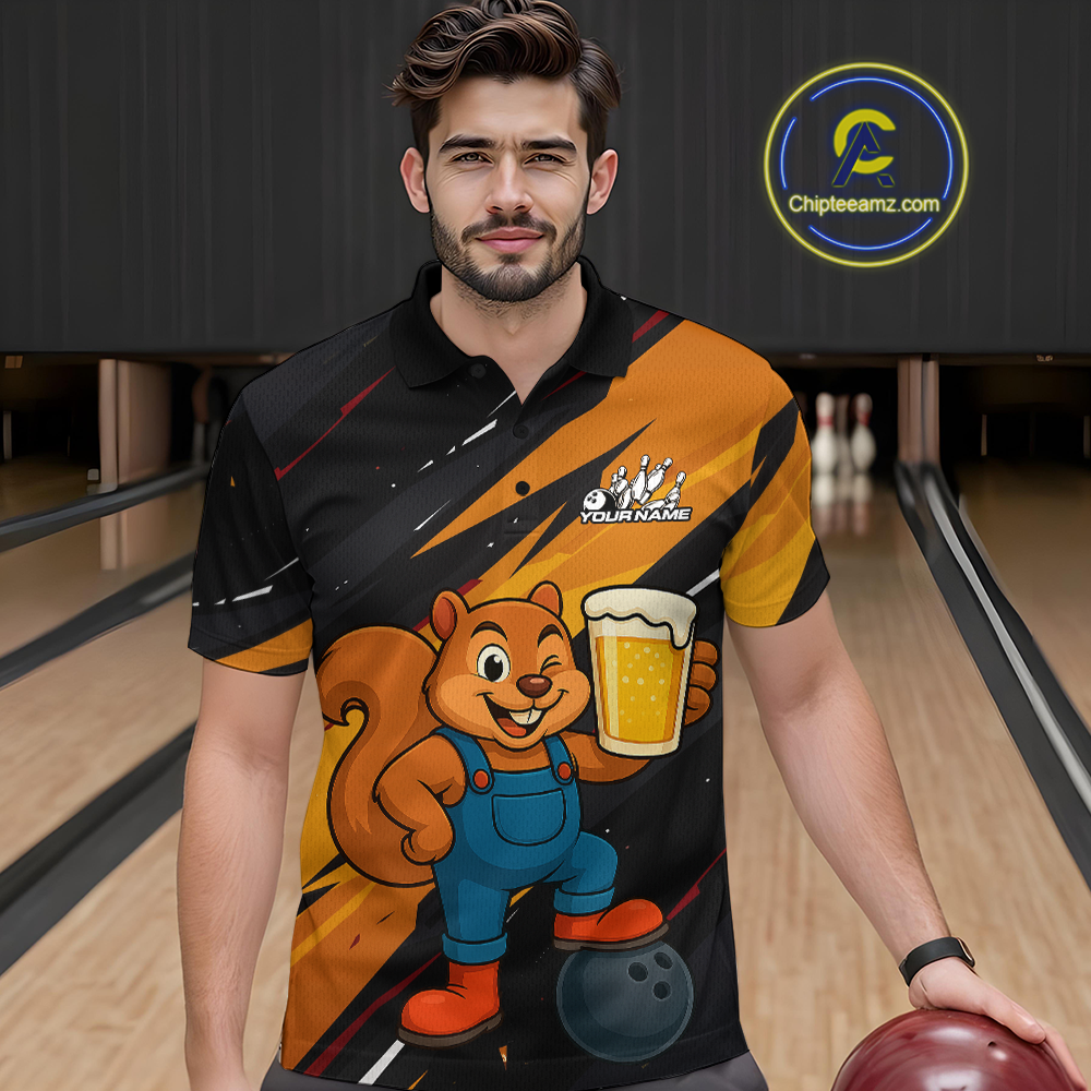 Funny Squirrel and Beer Bowling Team Shirt for Men Custom Bowling League Jersey Bowling Outfit QZT813