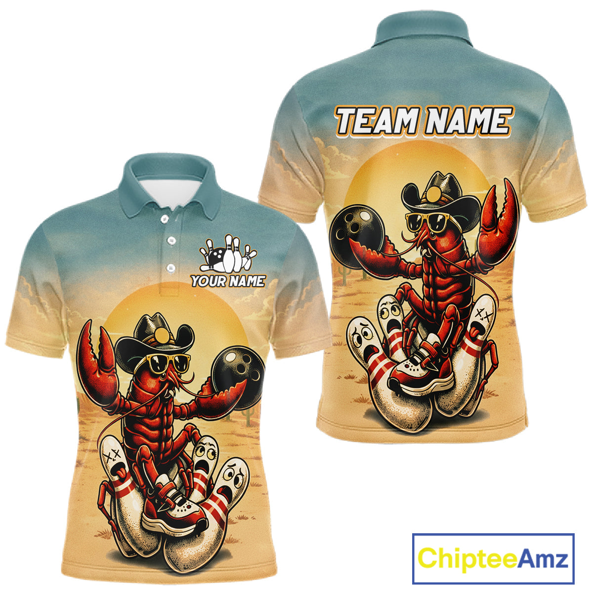 Polo shirt with a crawfish wearing a cowboy hat and sunglasses design, featuring 'Team Name' text on the back.