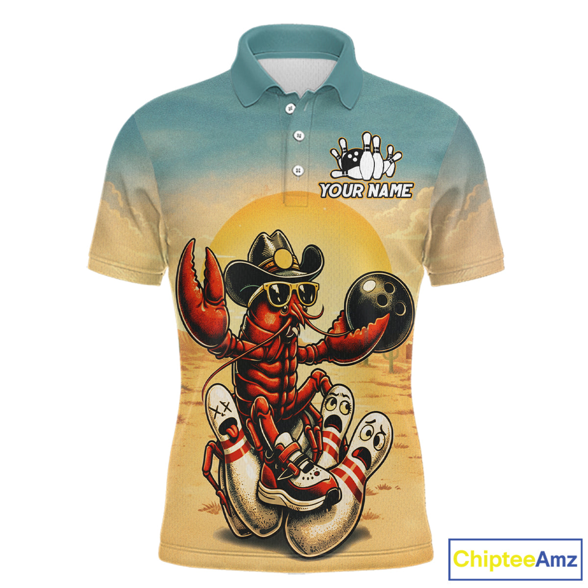 Polo shirt with a crawfish bowling design and customizable text on a gradient background