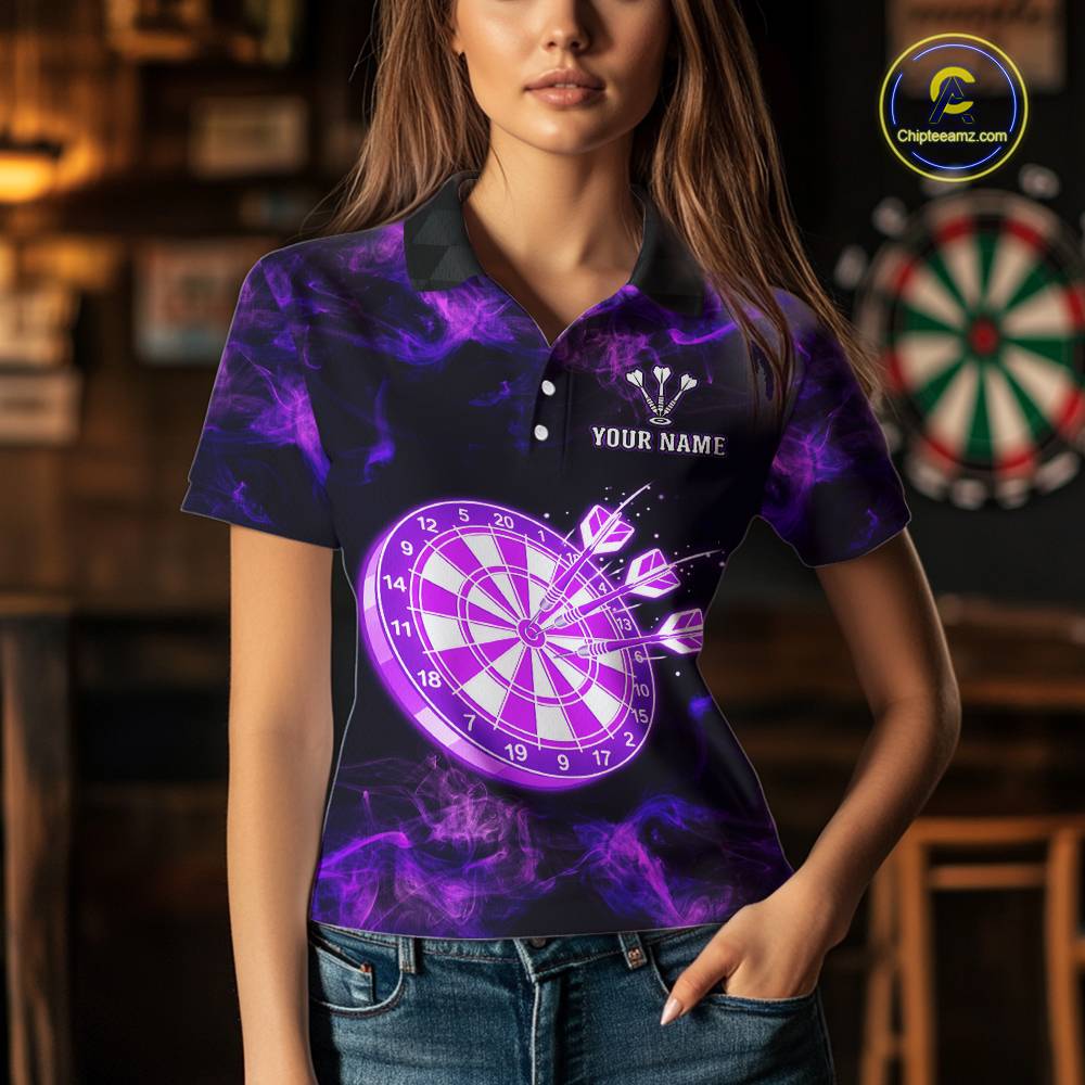 Custom Purple Flame Neon Dart Shirts Wings Dart Jersey Dartboard Shirt for Women DHT21